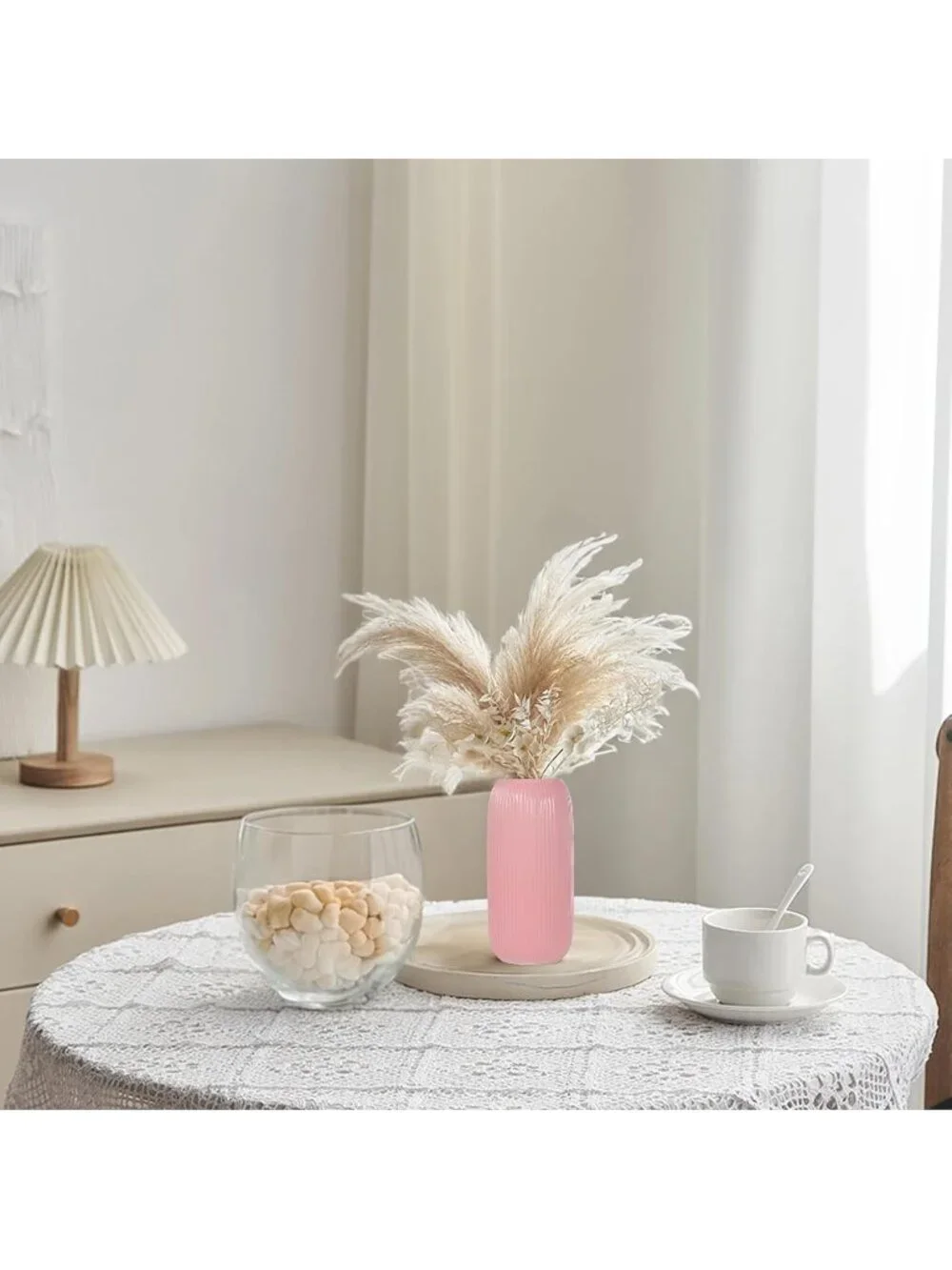 Modern Small Pink Ceramic Vase Flowers Ribbed Textured Farmhouse Home Livings